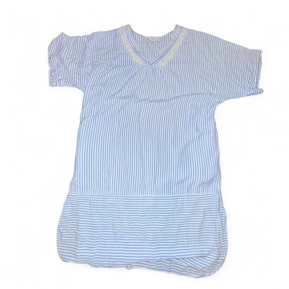 Eileen West Striped Seersucker Caftan Nightgown Blue White Pockets Size Medium - Picture 9 of 11